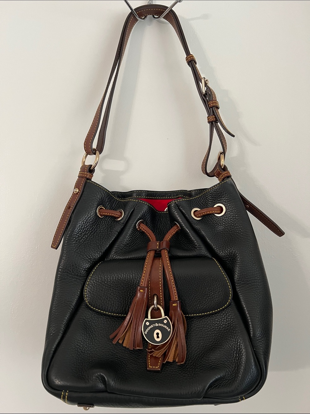 Dooney & Bourke Black Leather Drawstring Hobo with Brown Trim (Key is Missing)